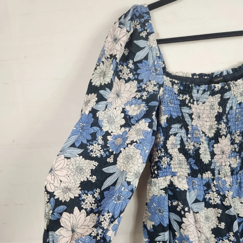 J.Crew 100% Linen Daydream Zinnia Floral Smocked Midi Dress Blue Medium